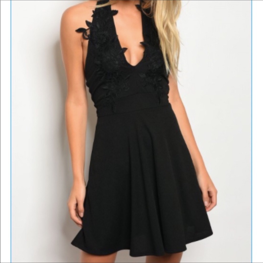 Black Lace Bodice Halter Dress